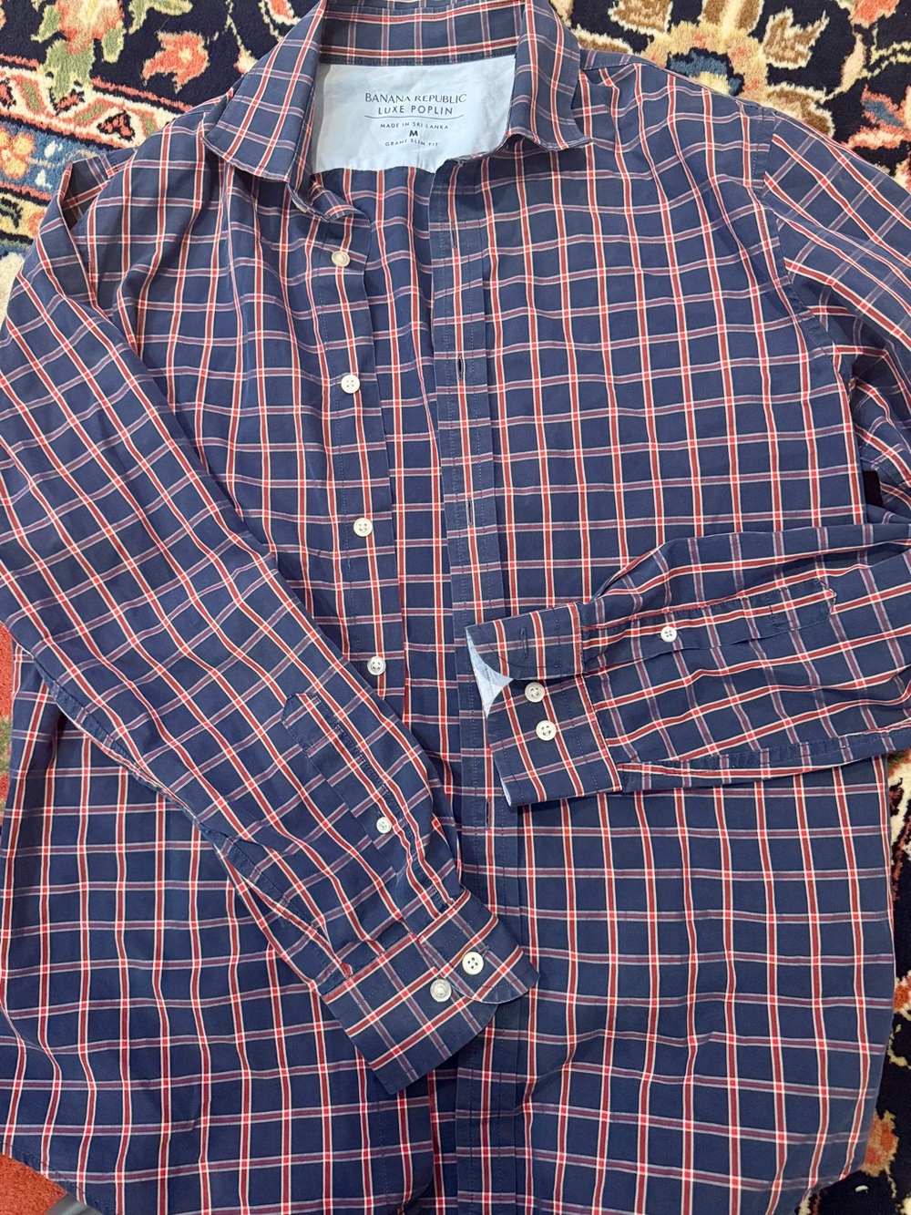 Banana Republic Navy and Red Windowpane Poplin Dress Shirt